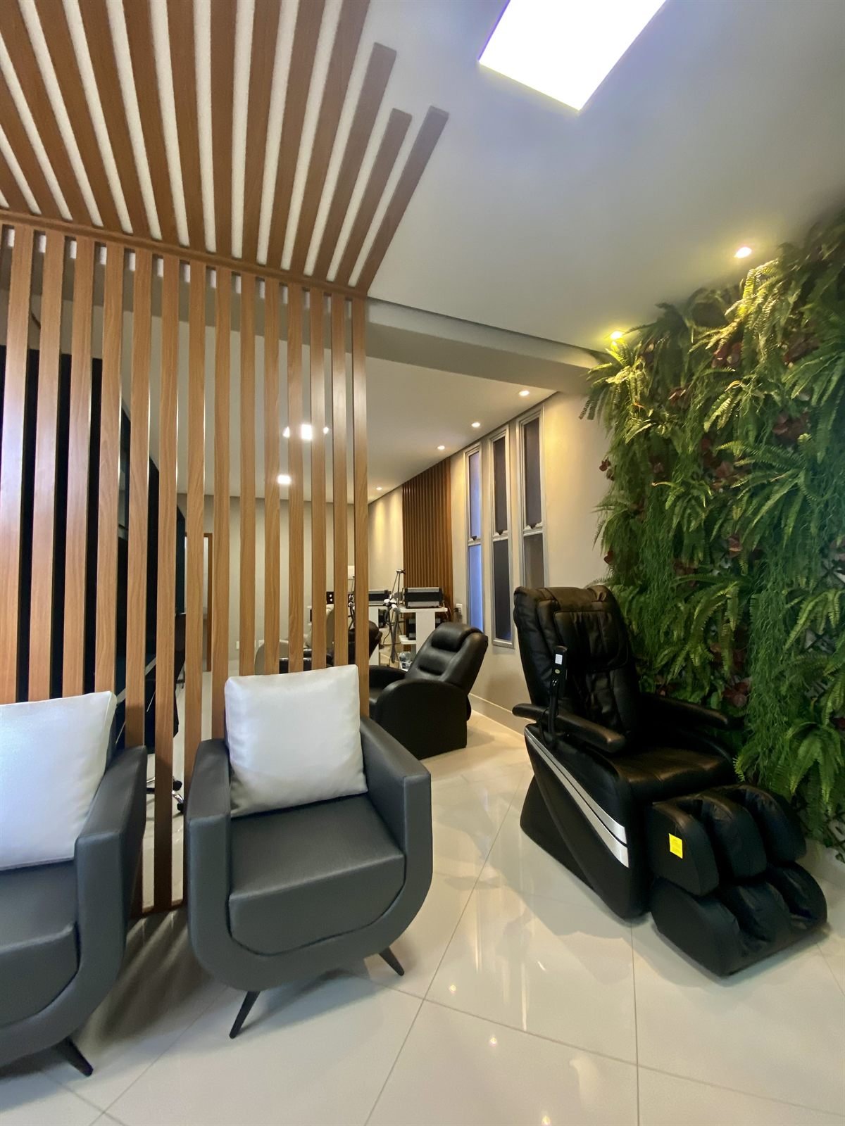 Sala de Estimulação Magnética: poltronas de atendimento diante de uma parede de plantas